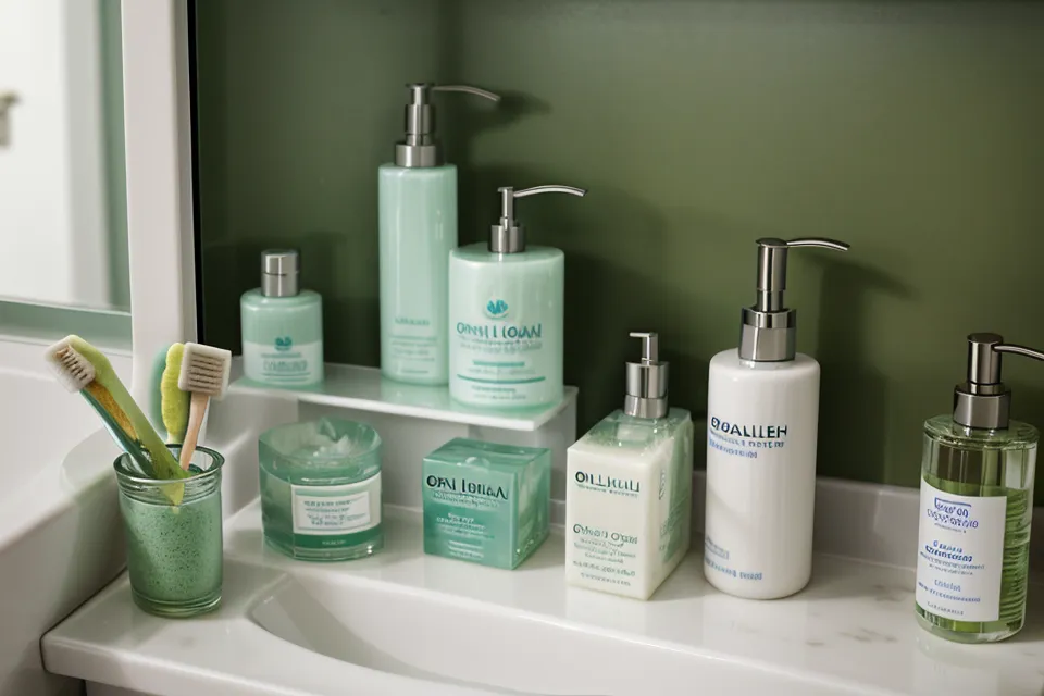 Oral probiotic lozenge for oral microbiome balance, held close in a home bathroom