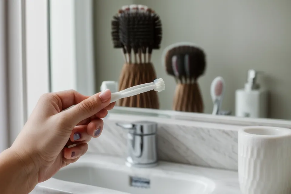 A gentle toothbrush and oral probiotics on a bathroom shelf.