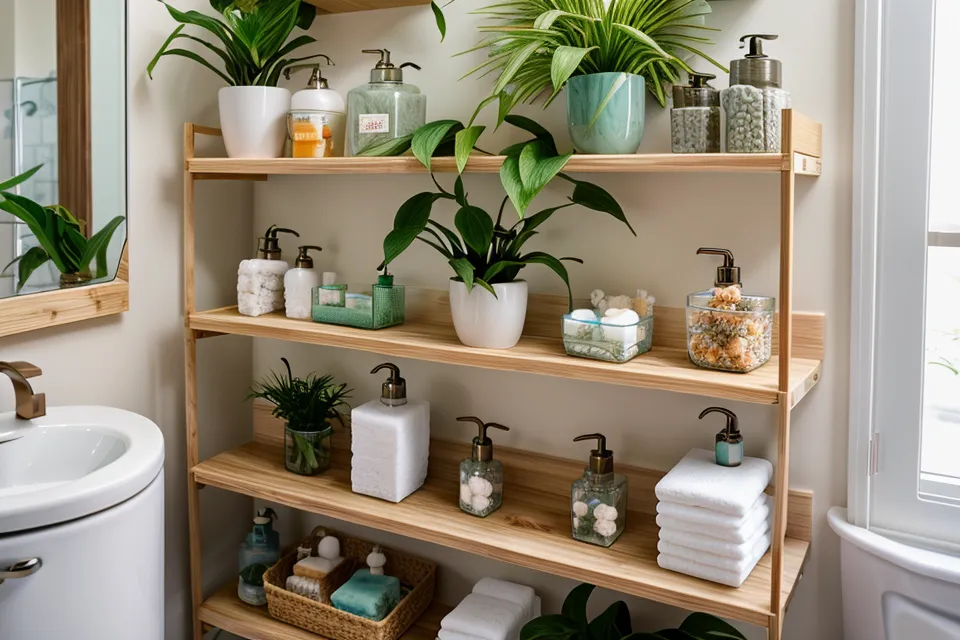 Bathroom shelf with home oral hygiene items for a gum health routine
