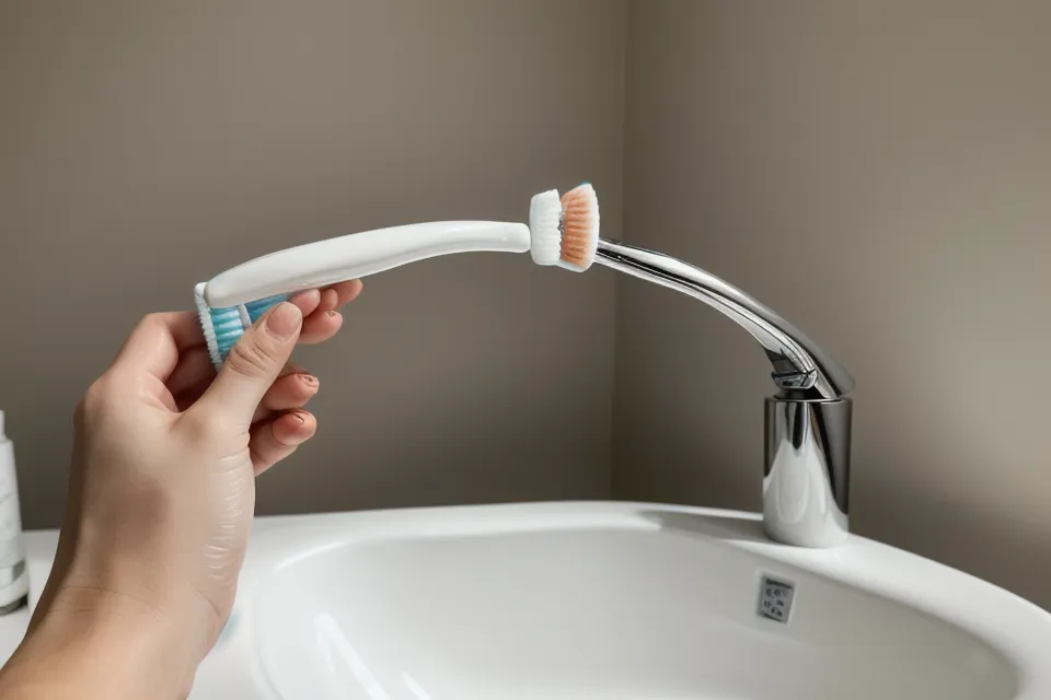 Soft-bristled toothbrush used for gentle gum health care, a key step in treating receding gums at home