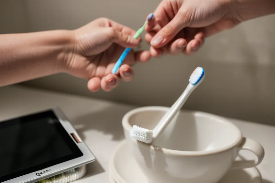 Holding a soft-bristled toothbrush and probiotic tablet, part of an avoiding-the-dentist home routine
