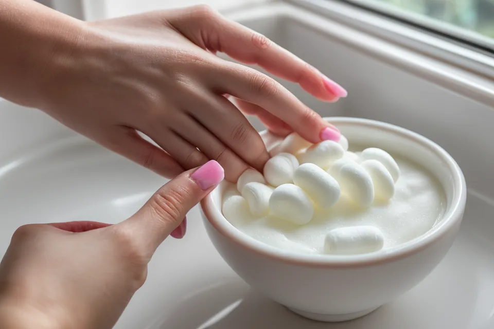 Holding a ProDentim oral probiotic tablet as part of a preventative at-home dental care routine