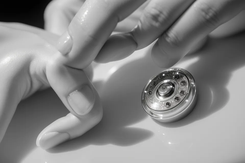 Hand adjusting the pressure dial on a water flosser to start on the lowest setting for sensitive, anxious gums